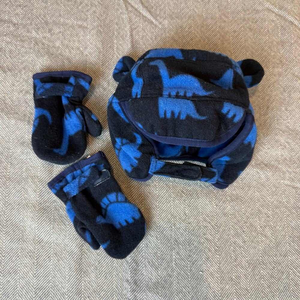 Baby Gap Blue Dinosaur Fleece Trapper Hat Mittens Set Ears Winter 6-12 Months